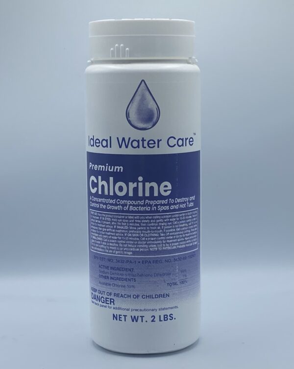 A bottle of water that is labeled, " chlorine ".